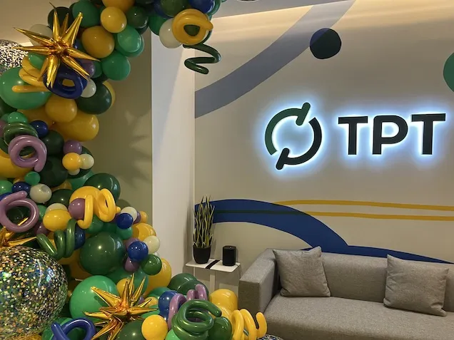 Logo wall with balloons at Teachers Pay Teachers headquarters